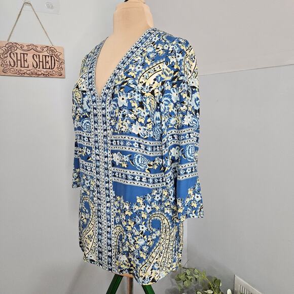 INC International Concepts Silk Blue Tunic Top 3/4 Sleevs Plus Size 14 Floral - Picture 4 of 15